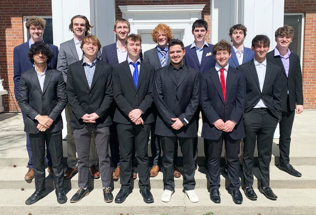 Welcome to the newest active members of the Delta Chapter of Beta Theta Pi, initiated on March 19. Front row, left to right: Manmeet Hayer: New Delhi, India; Parker Curtis: Elkhart, IN; Max Van Doran: Huntley, IL; Adam Amar: Morocco; Alex Russo: Carmel, IN; and Alexander Bridgmohan: Louisville, KY. Back row, left to right: Benton Heerdt: Zionsville, IN; Wils Warren: Libertyville, IL; Ian Hensley: Crawfordsville, IN; Finley Buelte: Rockford, IL; James Carey: Bainbridge, WA; Sam Applegate: Saint Louis, MO; and Kyle Shelton: Lapel, IN.
